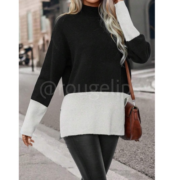 2 Tone Colorblock Sweater Pullover Black & Off White Knit Long Sleeve Side Slits - Picture 6 of 8
